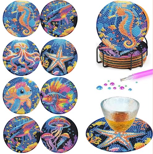Mrnsiet 8PCS Diamond Art Coasters with Holder, DIY Ocean Animals Diamond Painting Coasters Kits for Adults, Non Slip Marine Animals Mosaic Dot Painting Coaster Gift Set for Beginners 4x4 Inch - color: BDWY330-US
