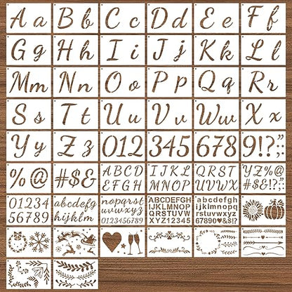 BAMIDELE Letter Stencils for Painting on Wood, 50 Pcs Calligraphy Alphabet Drawing Templates with Numbers, Signs, Flowers, Reusable Cursive Plastic Art Craft Stencils - style: Boutique Calligraphy Stencils