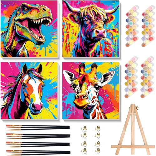 Arttoplus 4 Pack Paint by Numbers Kit for Kids with Frame, Animals 8x8in | Kids Paint by Numbers Ages 4-8-12 with Wooden Easel, Dinosaur Cow Horse Giraffe Oil Painting by number for Gift Home Decor - color: BKH2313+BKH2314+BKH2315+BKH2316-US