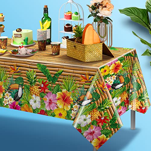 Frienda 6 Pcs Tiki Tablecloth Luau Table Cover Hawaiian Decor, Modern Style | Disposable for Luau Beach Party Decor, Tiki Totem Mask Print, Easy Cleanup Plastic Cover for Aloha Tropical Themed Events - style: Modern