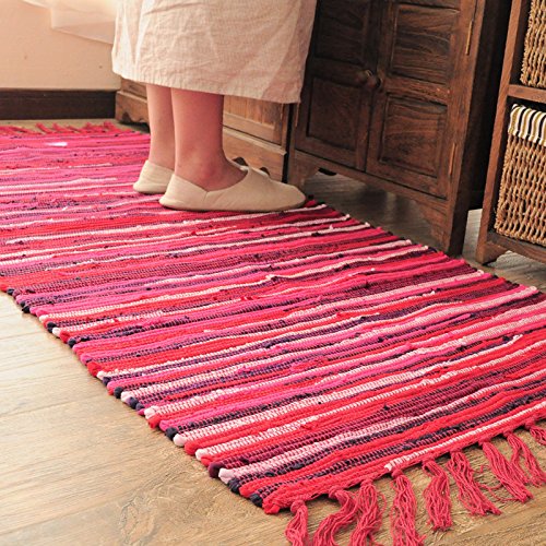 Poowe Cotton Handmade Reversible Chindi Rag Rugs,Multi Color Hand Woven Striped Area Bath Rug Mat Carpet with Tassels Machine Washable,for Laundry Room Kitchen Livingroom Hallway Entryway 20" x 31.5"