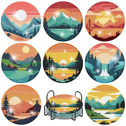 Clendo 8 Pcs Landscape Diamond Art Coasters Kit with Holder, Sunset Small Diamond Art Kits for Adults Beginners, Diamond Painting Coasters Arts and Crafts for Adults Supplies Item Sets - color: Bdwy299-us
