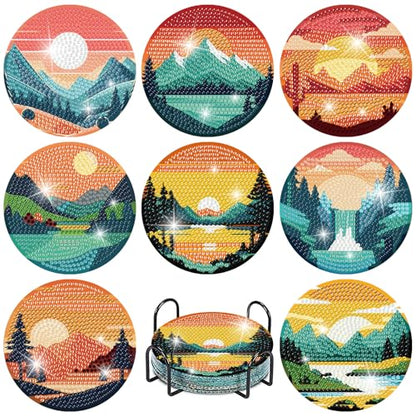 Clendo 8 Pcs Landscape Diamond Art Coasters Kit with Holder, Sunset Small Diamond Art Kits for Adults Beginners, Diamond Painting Coasters Arts and Crafts for Adults Supplies Item Sets - color: Bdwy299-us