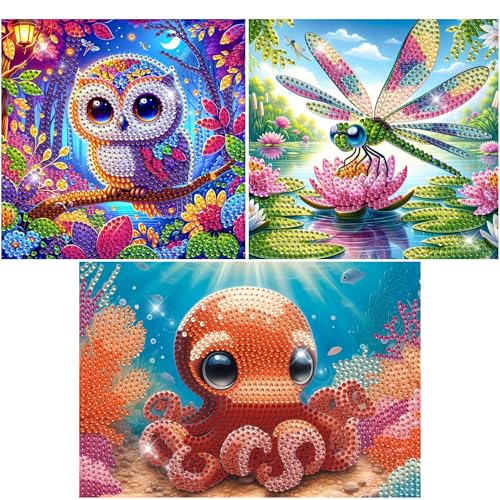 Modern Merch Small Diamond Art Packs Owl Octopus & Dragonfly, Animal Diamond Dots for Adults, Jewel Art Painting Kits, Mini Gem Arts and Crafts for Adults, Round Drill 3 Pack Partial Drill - color: Owl Dragonfly Octopus