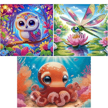 Modern Merch Small Diamond Art Packs Owl Octopus & Dragonfly, Animal Diamond Dots for Adults, Jewel Art Painting Kits, Mini Gem Arts and Crafts for Adults, Round Drill 3 Pack Partial Drill - color: Owl Dragonfly Octopus