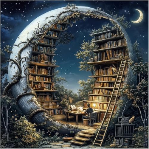 DAZZLEDOTS Diamond Art Kit, Book Forest Magic Moon Library Diamond Painting | 5D Diamond Art for Beginners DIY Full Drill Paint by Diamonds Dot Gem Art for Home Wall Decor 13.8x13.8inch - color: DT052