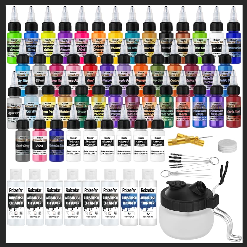 Roizefar Airbrush Cleaning Kit, Air brush Cleaning Pot with 6 Airbrush Cleaner and 2 Thinner (3.38 oz/ 100 ml) and Air brush Paint, 44 Colors with 6 Thinner, Includes Iridescent & Metallic Colors