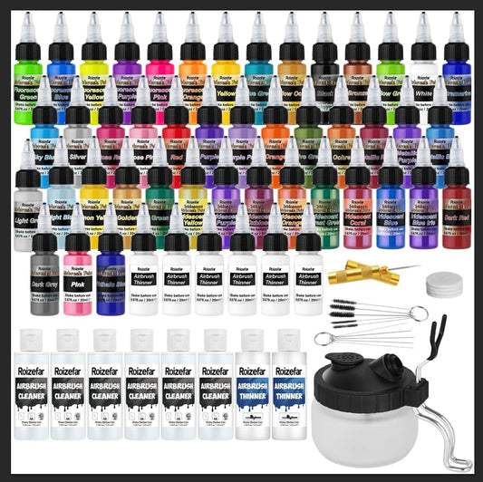 Roizefar Airbrush Cleaning Kit, Air brush Cleaning Pot with 6 Airbrush Cleaner and 2 Thinner (3.38 oz/ 100 ml) and Air brush Paint, 44 Colors with 6 Thinner, Includes Iridescent & Metallic Colors