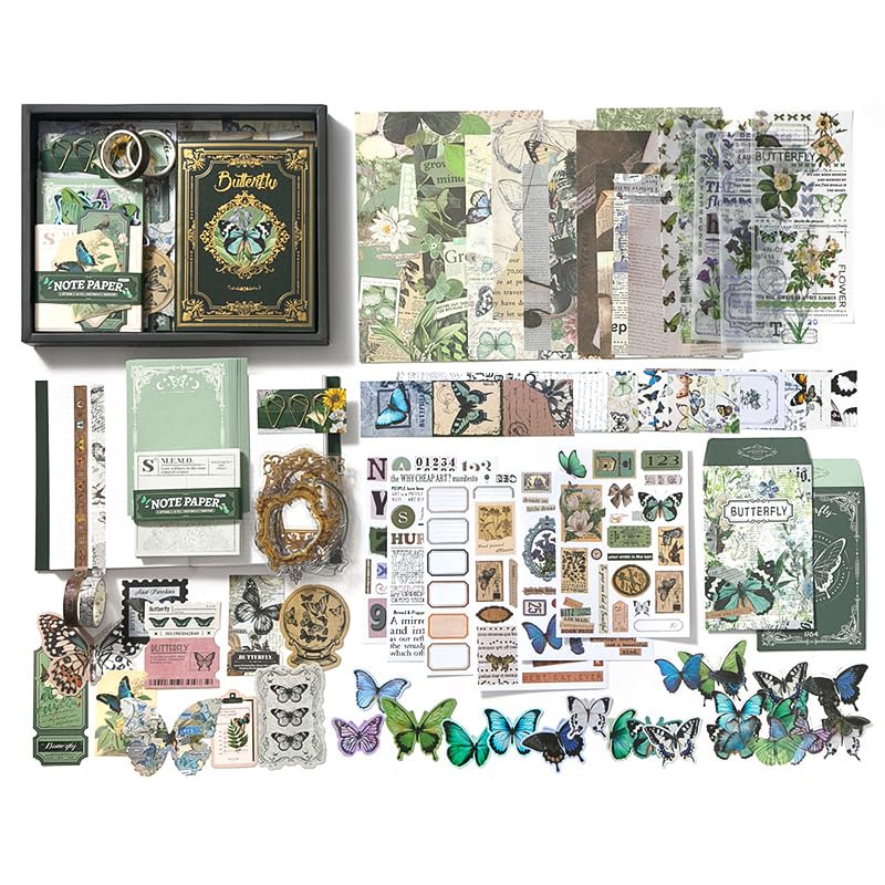 Diuhofart Scrapbook Kits for Adults Women, Aesthetic Stationery Scrap Booking Supples Kit with A6 Grid Notebook for Junk Journal Supplies, DIY Paper Craft Art Materials - color: Green Kit Butterfly