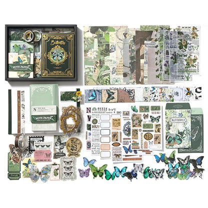 Diuhofart Scrapbook Kits for Adults Women, Aesthetic Stationery Scrap Booking Supples Kit with A6 Grid Notebook for Junk Journal Supplies, DIY Paper Craft Art Materials - color: Green Kit Butterfly