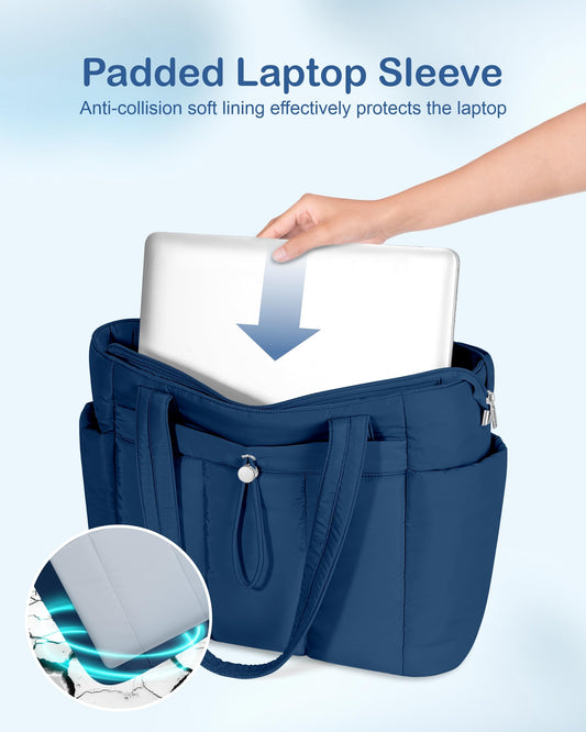 TOPDesign Puffy Tote Bag for Women with Cup Holder & Laptop Compartment & Cosmetic Bag & Trolley Sleeve for Work, Travel - color: Navy Blue, size: Medium