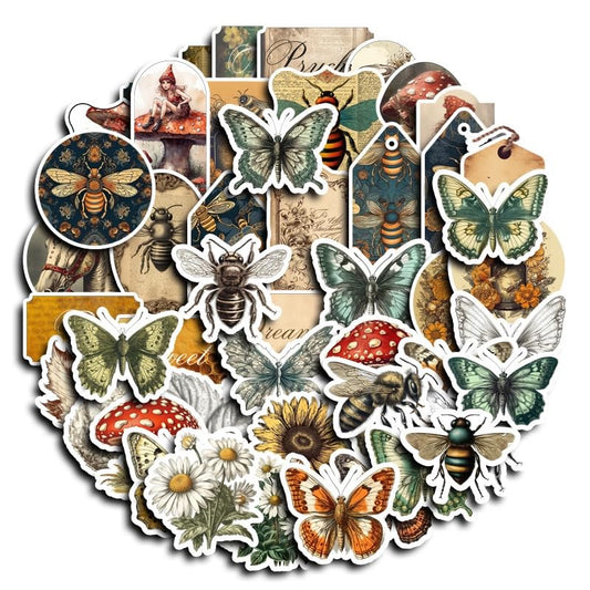 100 Pcs Vintage Insects Botany Forest Theme Vinyl Stickers | for Journaling, Apothecary Label Sticker with Deep in the Forest Theme Water Bottle Laptop Computer Skateboard Bumper - style: Butterfly-1
