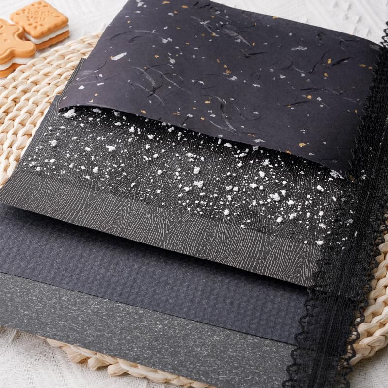 15Pcs Handmade Scrapbook Art Paper Craft Textured Paper Colorful A5 sheet Mesh Special Mix for Scrapbooking Junk Journal Journaling Supplies DIY Materials,5.8x8.2 inches (Black)
