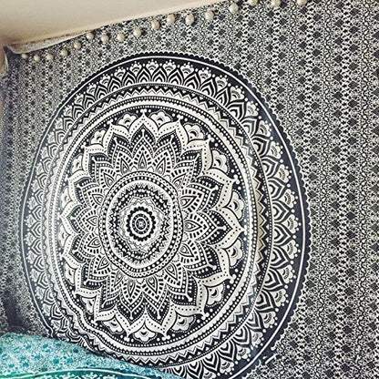 Popular Handicrafts Tapestry Wall Hanging Hippie Ombre Mandala Bohemian Hippy Psychedelic Design Indian Tapestries Bedspread 54 x 82 Inches (140cm x 210cm) Black Grey - color: Black Grey, size: 82"L x 54"W