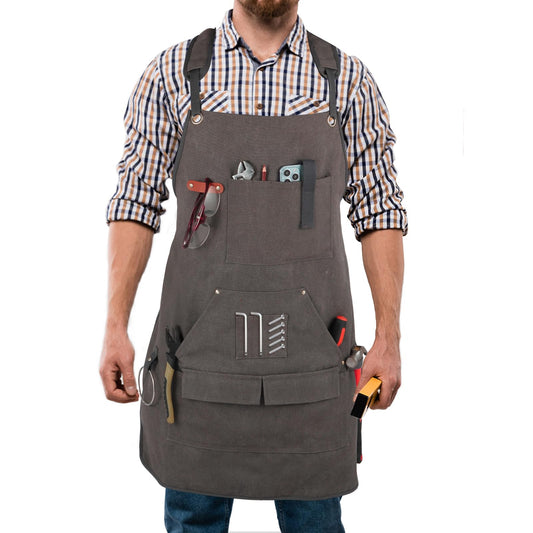 Men's Canvas Tool Apron, Heavy Duty Multi-Pocket Work Apron for Woodworking Gardening Bartender Adjustable Straps - color: Grey