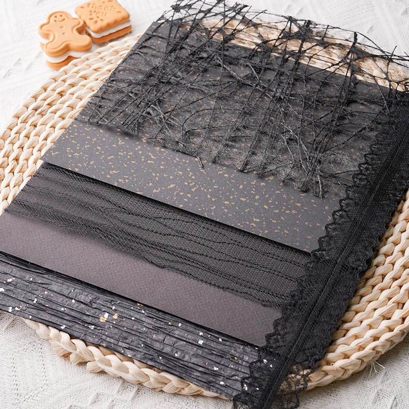 15Pcs Handmade Scrapbook Art Paper Craft Textured Paper Colorful A5 sheet Mesh Special Mix for Scrapbooking Junk Journal Journaling Supplies DIY Materials,5.8x8.2 inches (Black)