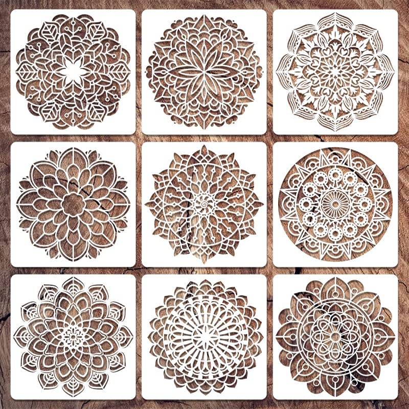 9 Pack 12x12 Inch Mandala Stencil Templates - Reusable Circular Art Stencils for Wall Painting, Canvas, Spray Art & DIY Craft Projects