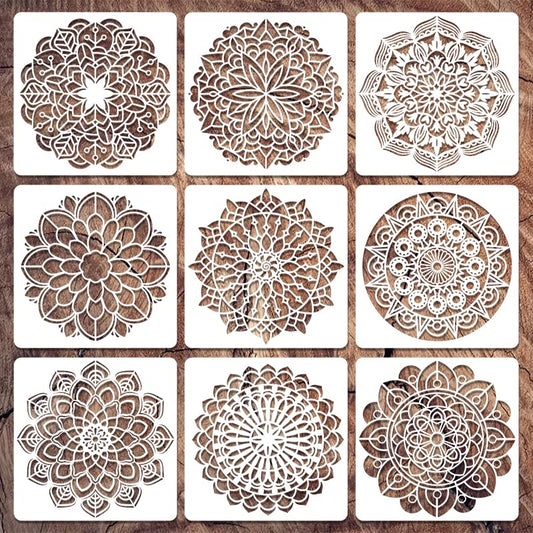 9 Pack 12x12 Inch Mandala Stencil Templates - Reusable Circular Art Stencils for Wall Painting, Canvas, Spray Art & DIY Craft Projects
