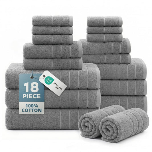 Casa Platino Bath Towel Set 100% Cotton 18 Piece Soft Absorbent - Cool Grey | Cotton Bath Towels - Densely Woven, Coordinated Colors, Dobby Border Accent, OEKO-TEX Certified, Ring-Spun Durability - color: 07: Cool Grey, size: 18 Piece Towel Set