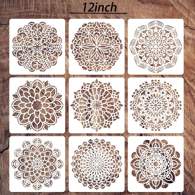 9 Pack 12x12 Inch Mandala Stencil Templates - Reusable Circular Art Stencils for Wall Painting, Canvas, Spray Art & DIY Craft Projects