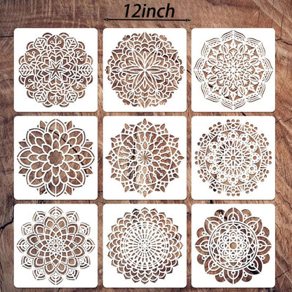 9 Pack 12x12 Inch Mandala Stencil Templates - Reusable Circular Art Stencils for Wall Painting, Canvas, Spray Art & DIY Craft Projects