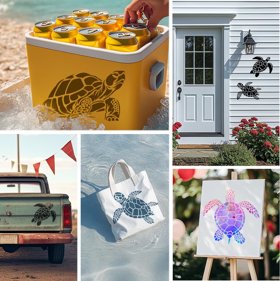4Pcs Sea Turtle Wall Stencil Templates 11.8" x 11.8" and A4 Size Reusable Turtle Pattern Stencils for Painting on Wood Wall Floor Fabric Glass Furniture, DIY Home Decor or Craft Stencils | 11.8" x 11.8" & A4 Plastic Craft Stencils, Turtle Wall Stencils, D