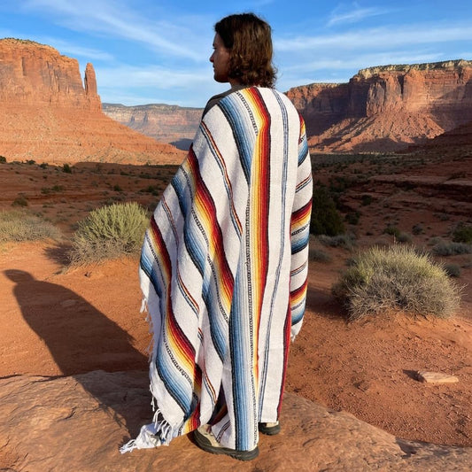 Striped Mexican Baja Blanket - Handmade Serape Throw in Soft Durable Woven Cotton Blend - Great for Beach, Yoga, Camping, Festivals and Home (Pacifico Blanca (White)) - color: Pacifico Blanca (White)