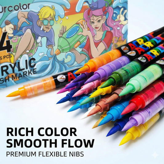 Colourcolor 24 Colors Acrylic Paint Pens, Non-Bleeding Brush Tip Markers Pens for Glass, Canvas, Stone, Rock Painting, Wood, Ceramic Surfaces, DIY Crafts Making Art Supplies - color: 24 Colors